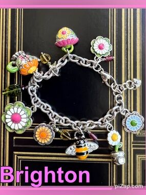🐝 Brighton Floral Enamel Charm Bracelet Featuring Bee, Teapot, Daisy, Flowers